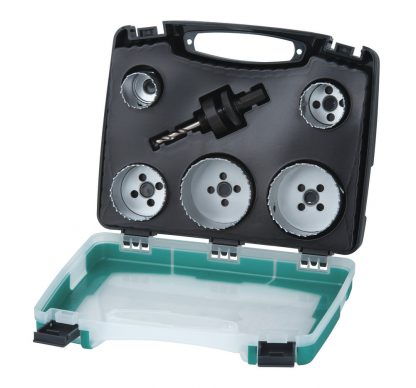 Wolfcraft Wolfcraft sada 5 Bi-metalových děrovek  sanita 25-83 mm + upínací trn, v kufru 5422000